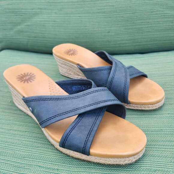 UGG Gwyn Espadrille Wedge Sandals Navy Women’s Size 7 cross leather straps - Picture 10 of 12